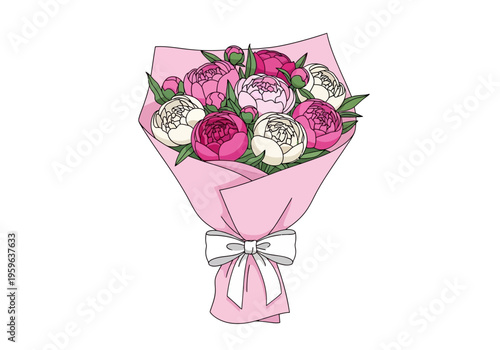 Bouquet of pink and white peonies wrapped in pink paper with a white bow