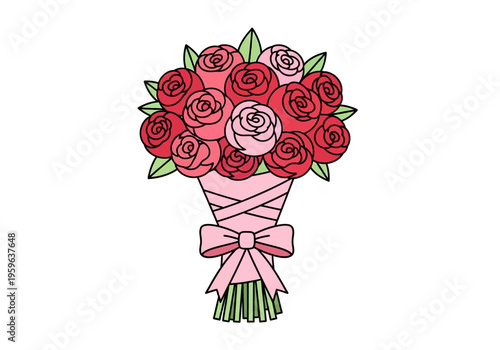 Cartoon bouquet of pink and red roses wrapped in pink paper with a bow