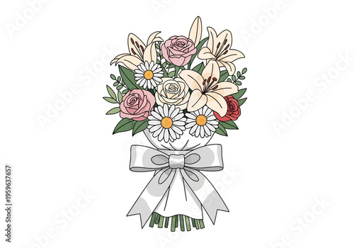 Bouquet of pink and white roses lilies and daisies wrapped with a white bow