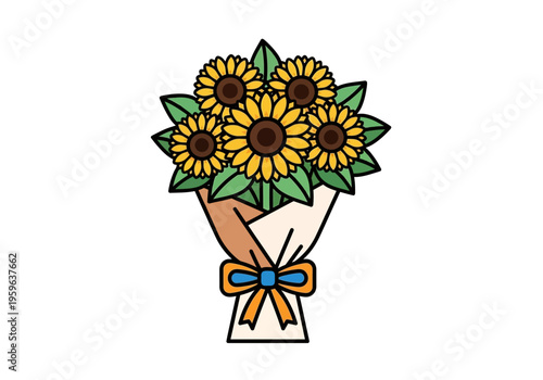 Cartoon bouquet of five sunflowers wrapped in paper and tied with a blue and orange bow