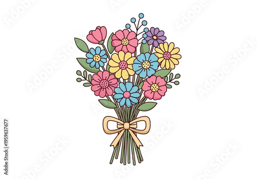 Colorful bouquet of assorted stylized flowers tied with a tan bow