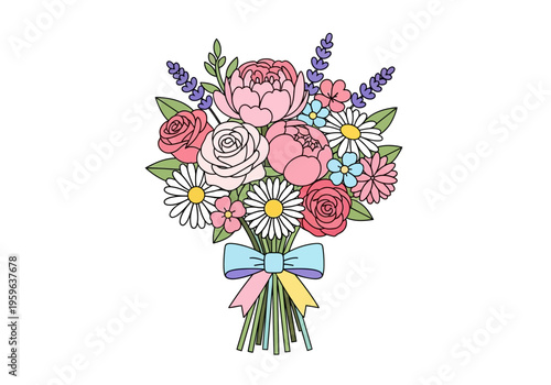 Colorful cartoon bouquet of mixed flowers tied with a light blue bow