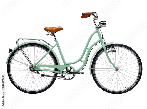 Fotografie Stylish mint green vintage city bicycle, a classic cruiser bike with brown leath
