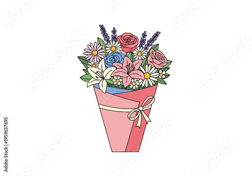 Colorful floral bouquet wrapped in pink paper with a ribbon
