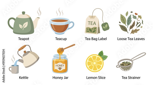 Vector illustration of a tea setup with teapot, teacup, and honey jar on a table with lemon and loose tea leaves.