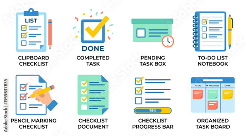 Vector illustrations of various office task management icons and to-do lists on a desk