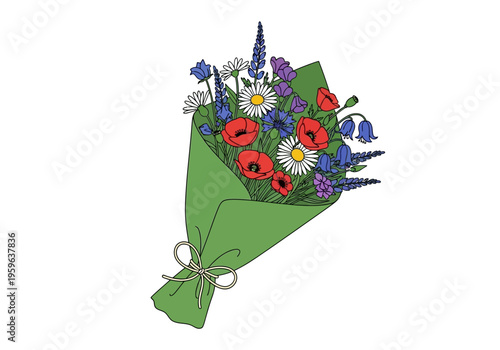 Illustrated bouquet of wildflowers wrapped in green paper tied with twine