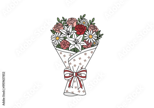 Illustrated bouquet of mixed flowers wrapped in patterned paper and tied with a bow