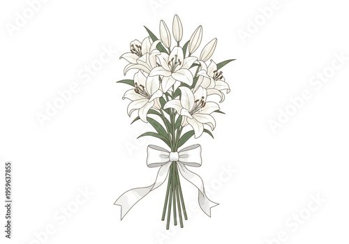 Illustration of a white lily bouquet tied with a white ribbon
