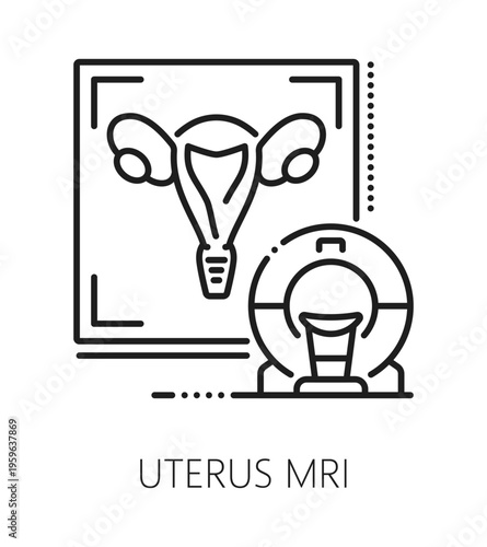 Uterus MRI gynecology medicine line icon or symbol. Pregnancy gynecology medicine symbol, urinary health lineart vector pictogram. Reproductive health and fertility icon with uterus and MRI scanner