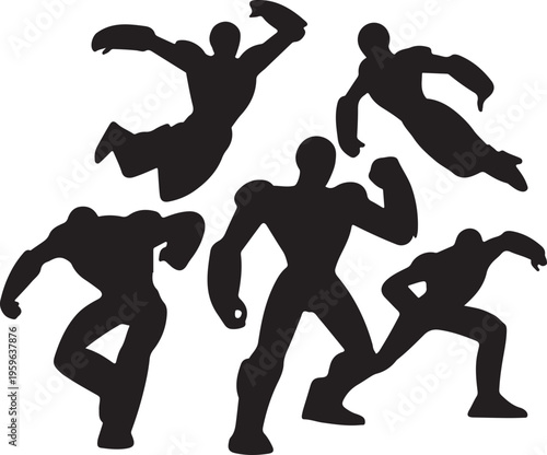 Robot Silhouettes Set Robots Performing Various Poses and Actions silhouette, black and white silhouette, vector and illustration	