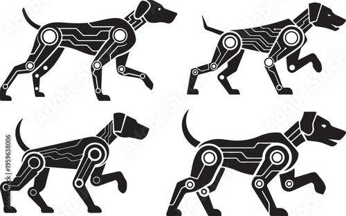 Set of Robotic Dog Silhouette with Circuit Lines – Futuristic AI Canine Walking Vector Illustration