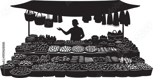 Silhouette of vendor at a bustling outdoor food market stall