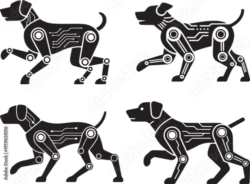 Set of Robotic Dog Silhouette with Circuit Lines – Futuristic AI Canine Walking Vector Illustration