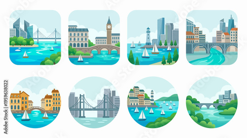 Vector illustrations of famous city skylines and landscapes with iconic buildings and bridges in a vector style across various locations.