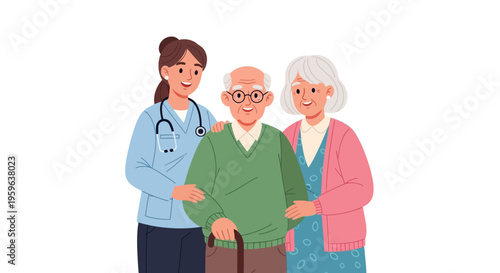 Elderly couple with caregiver support, senior healthcare and family care concept, old man with walking stick assisted by relatives, medical and social support illustration
