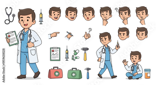 Doctor character set with multiple poses and medical elements, healthcare professional illustration collection, physician actions with tools and expressions isolated on background