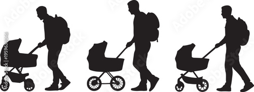 Man Pushing Baby Stroller with Backpack – Parenting Silhouette Black and White Vector Illustration