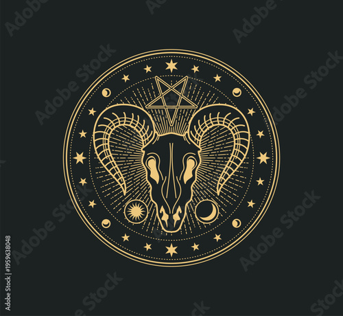 Witchcraft occult esoteric ram or goat skull symbol or seal. Tarot sorcery mystical seal, alchemy or astrology occult gold line vector sign. Esoteric symbol with pentagram, sun and moon, animal skull