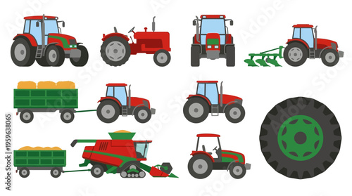 A vector illustration of various red tractors and green farm equipment in a field with a close-up of a tractor tire.