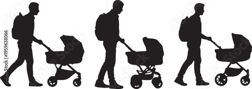 Set of Man Pushing Baby Stroller with Backpack – Parenting Silhouette Black and White Vector Illustration