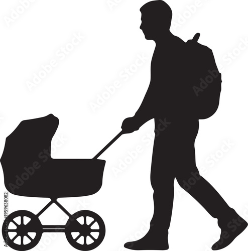 Man Pushing Baby Stroller with Backpack – Parenting Silhouette Black and White Vector Illustration