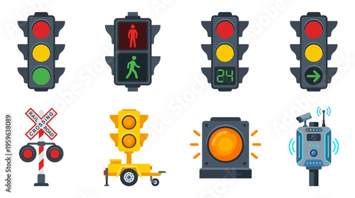 Traffic lights and railroad crossing signals in a vector illustration with various road and rail controls