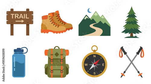 Hikers prepare for a nighttime vector journey on a mountain trail with hiking boots, backpack, and trekking poles.