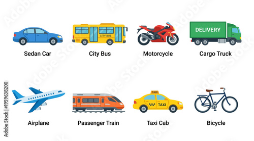 Vehicles on road and in air include vector graphics of cars, buses, trucks, motorcycles, airplanes, trains, taxis, and bicycles.