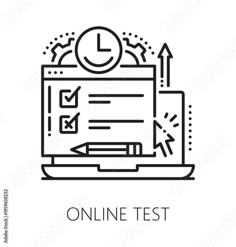 Online education test line icon or label. Online education course lineart symbol, e-learning outline vector pictogram. Remote school web classes sign or icon with test answers on laptop screen