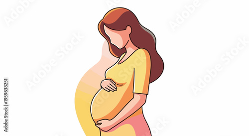 Pregnant woman illustration in yellow dress holding belly, expecting mother concept, maternity and prenatal care theme, soft modern flat design female character isolated on light background