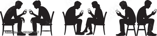 Set of Two People with Low Battery Phones Sitting on Chairs – Digital Dependency Silhouette Vector Illustration
