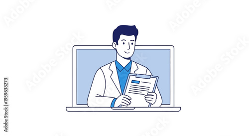 Online doctor consultation concept, medical professional on laptop screen holding clipboard, telemedicine and digital healthcare service, remote patient care illustration isolated on background
