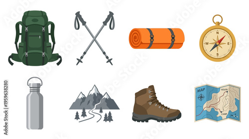 Hikers prepare for a mountain adventure with vector backpacks and gear on a scenic landscape