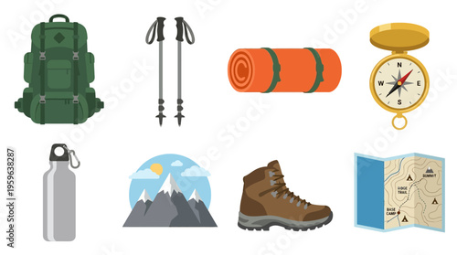 Hikers prepare for a mountain adventure with vector backpacks and gear.