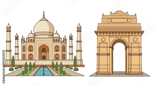 Vector illustration of famous Indian landmarks including the Taj Mahal and Gateway of India in a travel brochure