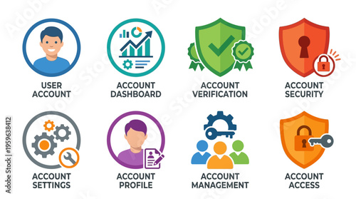 Vector icons illustrate user account settings and security features on a dashboard with profile management and access control.