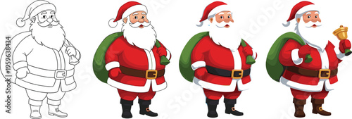 Santa Claus character evolution set from outline sketch to fully colored festive illustration showing Christmas holiday mascot with gift sack and bell