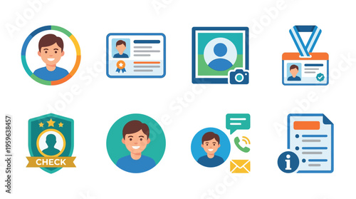 Vector icons depict people checking identification documents with certificates and badges in a secure verification process.