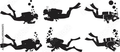 Set of Scuba Diver Silhouette with Air Bubbles – Underwater Diving Gear Black and White Vector Illustration