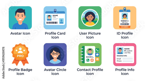 Vector icons of various profile symbols including avatar, user picture, and ID profile icons in different colors and styles.