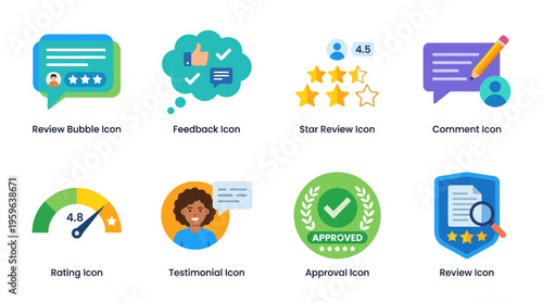A vector illustration of review icons including speech bubbles, feedback, ratings, and approval symbols arranged in a grid on a screen.