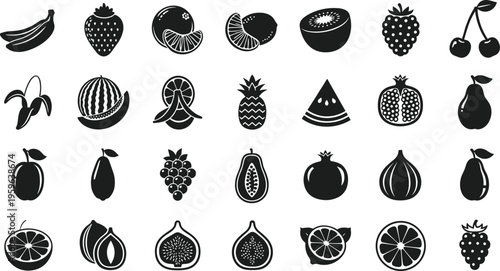 Collection of fruit icons including banana strawberry citrus pineapple watermelon grape and tropical fruits in bold black silhouette vector illustration style