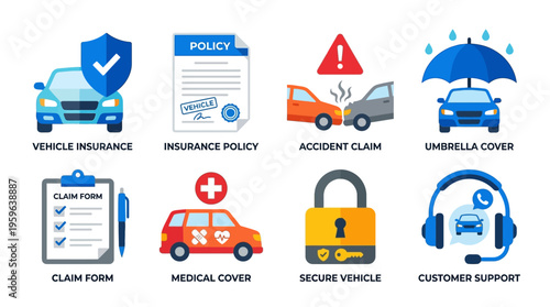 A vector illustration of a secure vehicle with insurance policy and medical cover under umbrella cover with customer support nearby.