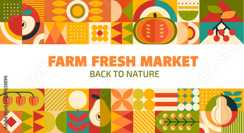 Farm market banner with fruit and vegetable geometric pattern. Back to nature vector background with fresh food as pumpkin, pear, tomato, cherry, leaf and abstract modern shapes for healthy local farm