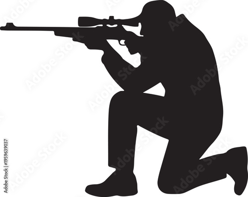 Person Aiming Scoped Rifle Silhouette – Precision Shooting and Targeting Vector Illustration