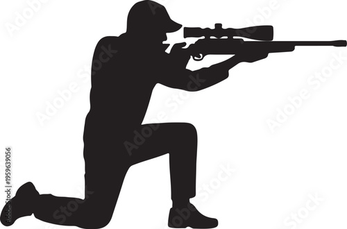 Person Aiming Scoped Rifle Silhouette – Precision Shooting and Targeting Vector Illustration