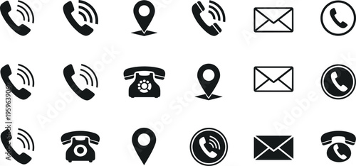 Set of communication icons including phone call symbols location pins email envelopes and vintage telephone silhouettes in clean minimal black vector style