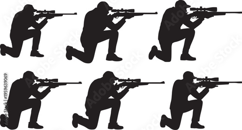 Set of Person Aiming Scoped Rifle Silhouette – Precision Shooting and Targeting Vector Illustration