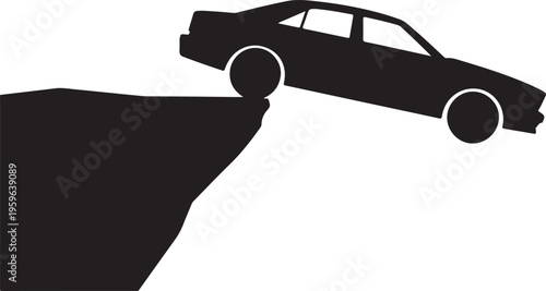 Car Driving Off Cliff Silhouette – Risk, Accident and Danger Concept Vector Illustration